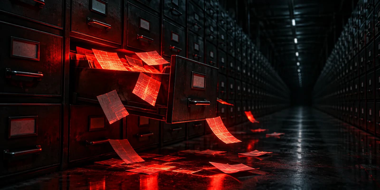 An endless dark archive of filing cabinets, one drawer pulled open and glowing red, its papers spilling onto the floor