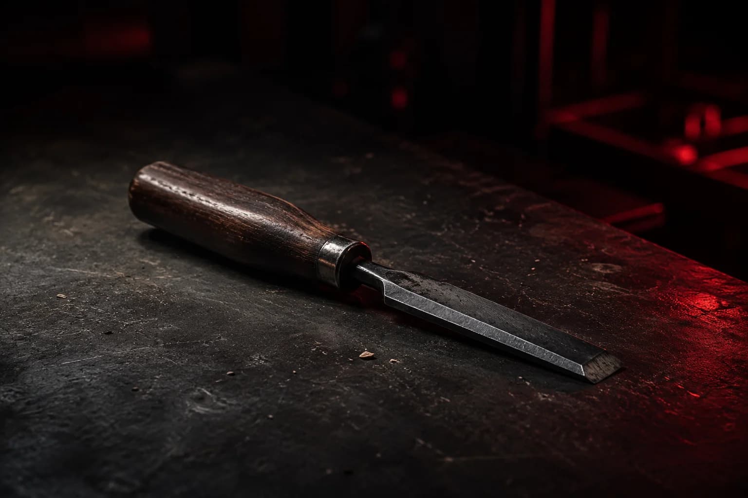 A single well-crafted hand tool resting unused on a dark workbench, lit by a deep red glow