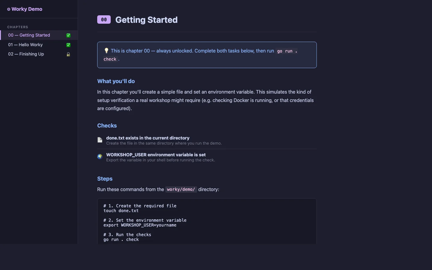 The Worky browser UI: a sidebar lists chapters with two completed and one still locked, while the main pane shows a chapter's checks and the commands to pass them