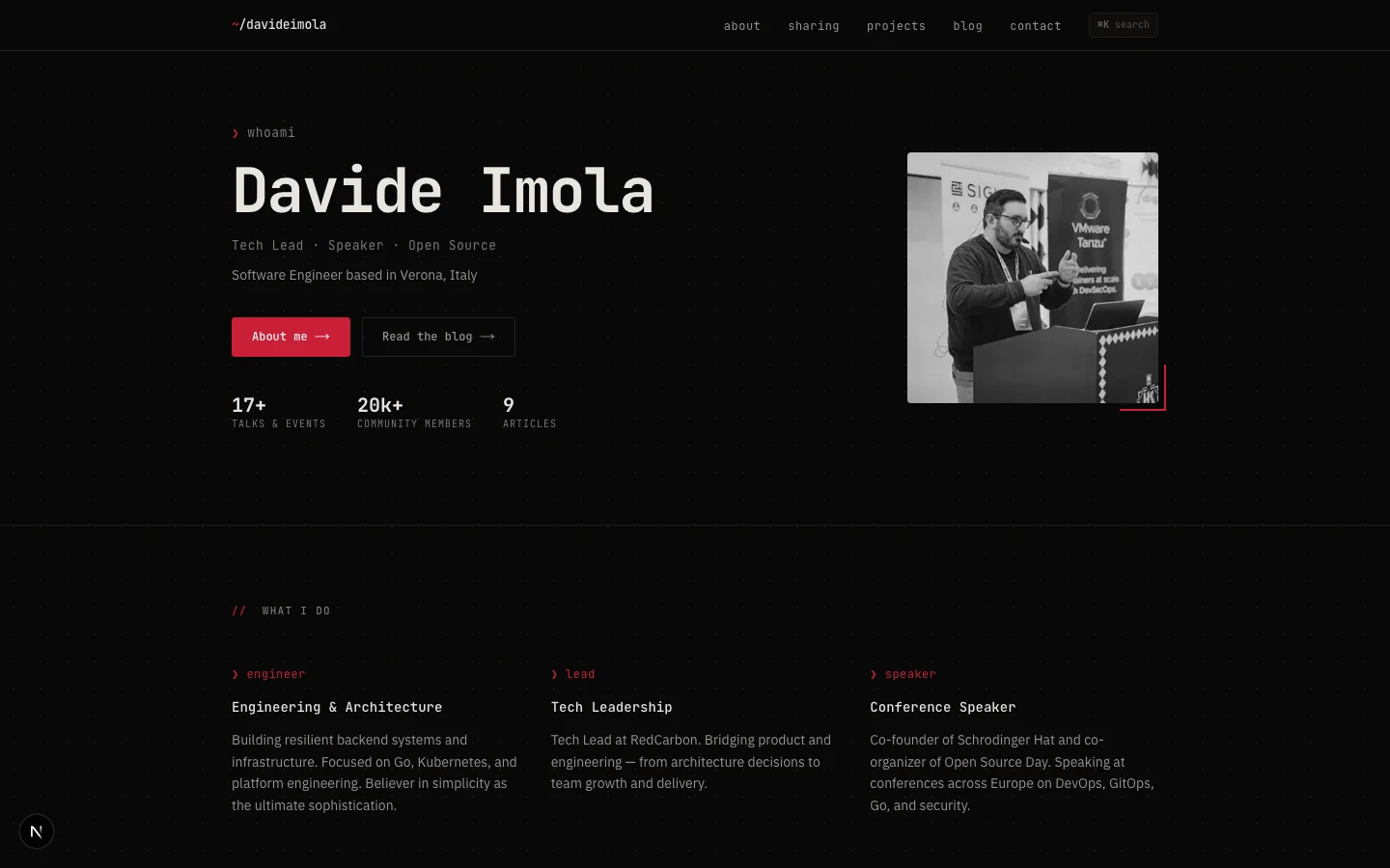 The current davideimola.dev — terminal aesthetic, dark design system, character