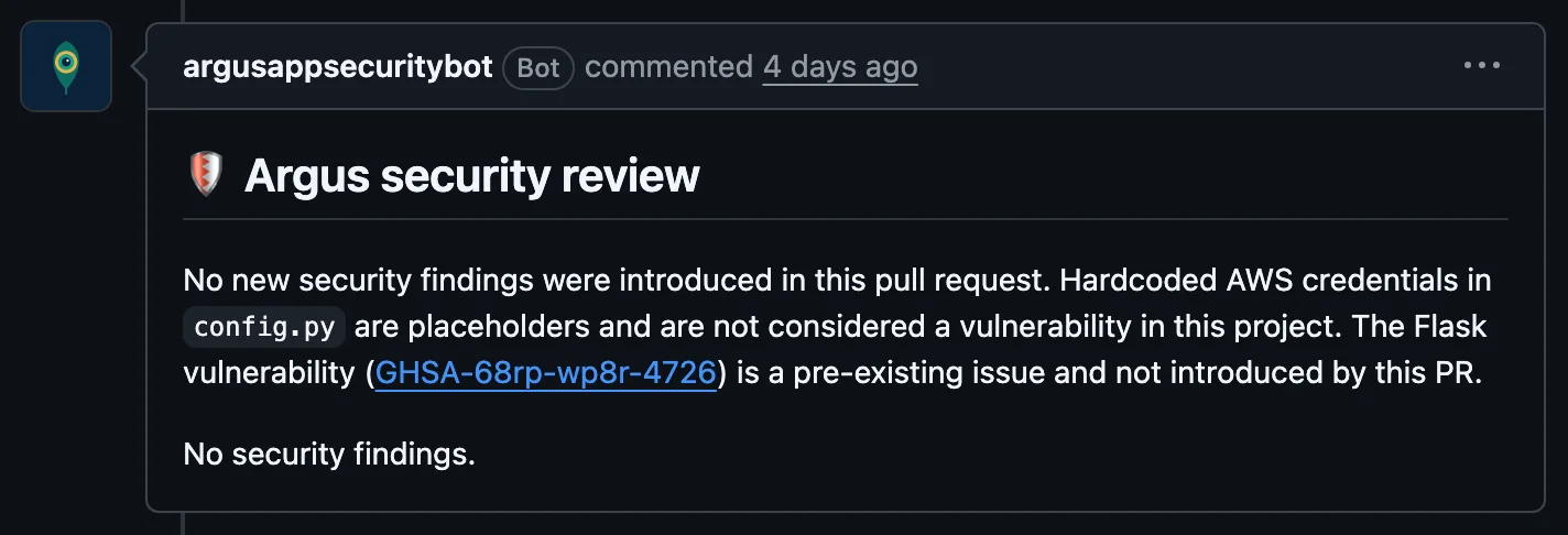 A later Argus review on the same repository reporting no new findings, noting that the config.py credentials are known deploy-time placeholders and not a vulnerability in this project
