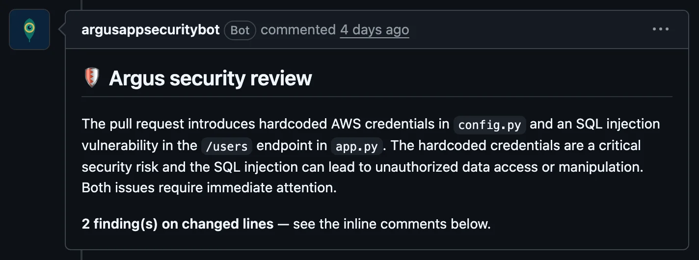 Argus posts a security review on a GitHub pull request, flagging hardcoded AWS credentials in config.py and a SQL injection in the /users endpoint, with two findings on the changed lines